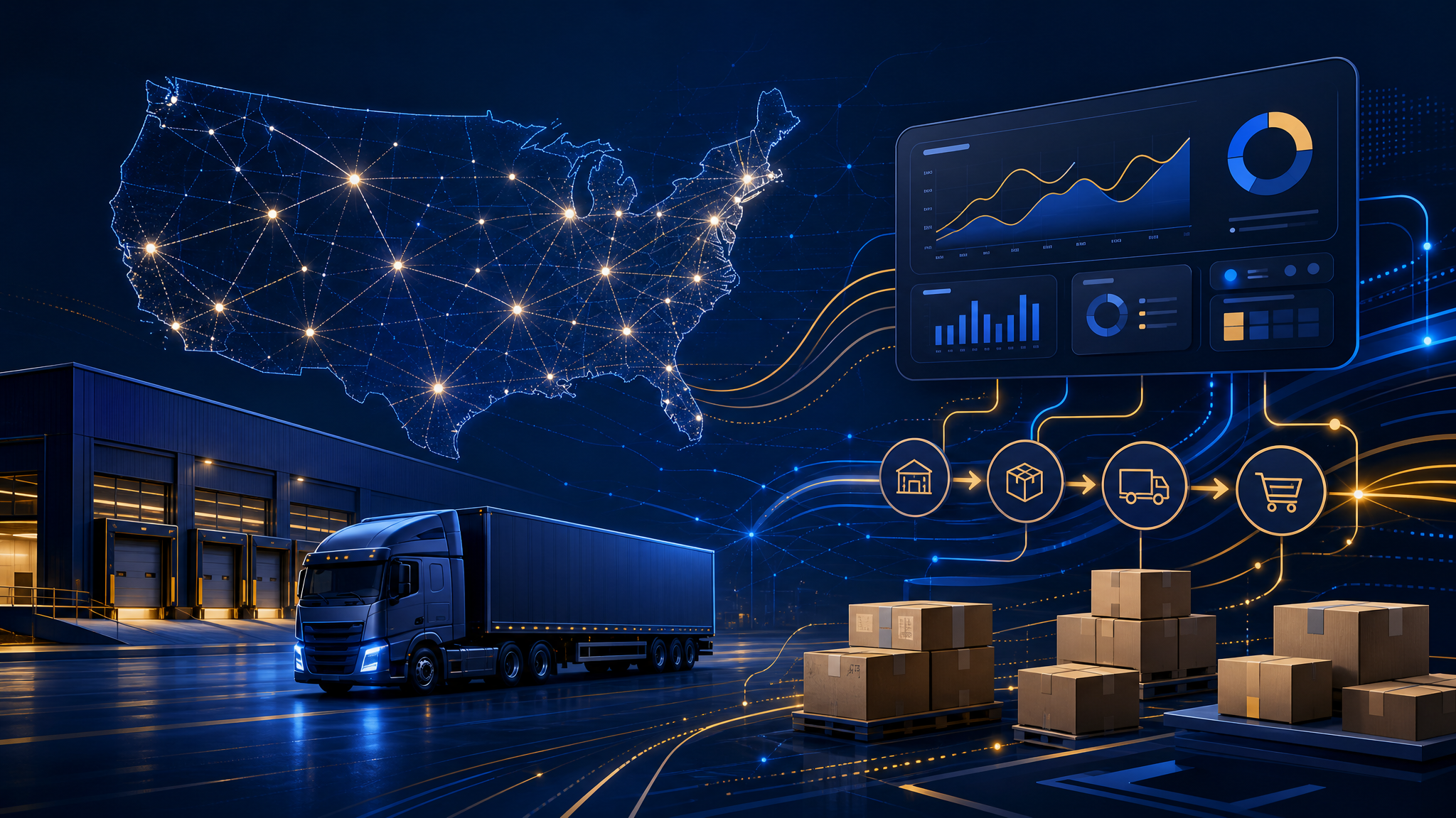 Blue logistics network with warehouse, delivery, e-commerce, and AI data visuals for ChicDash